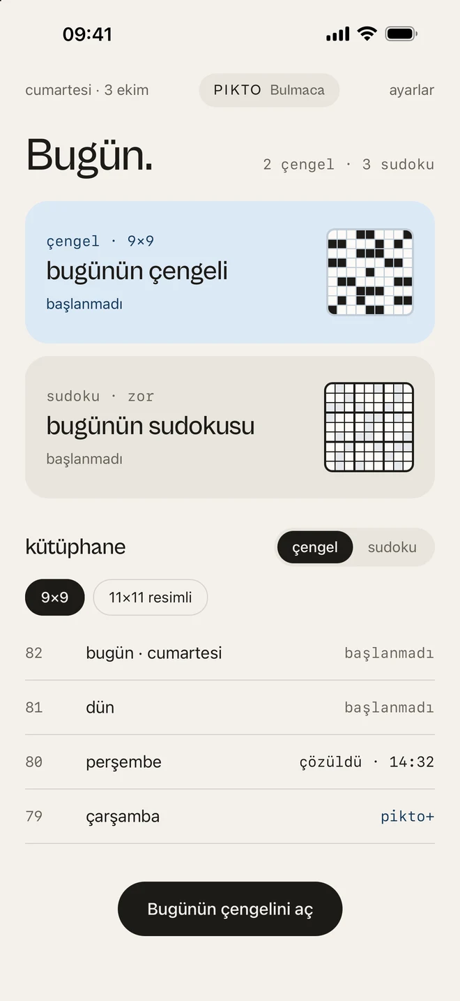 bugün ekranı: bugünün çengeli, bugünün sudokusu ve kütüphane listesi